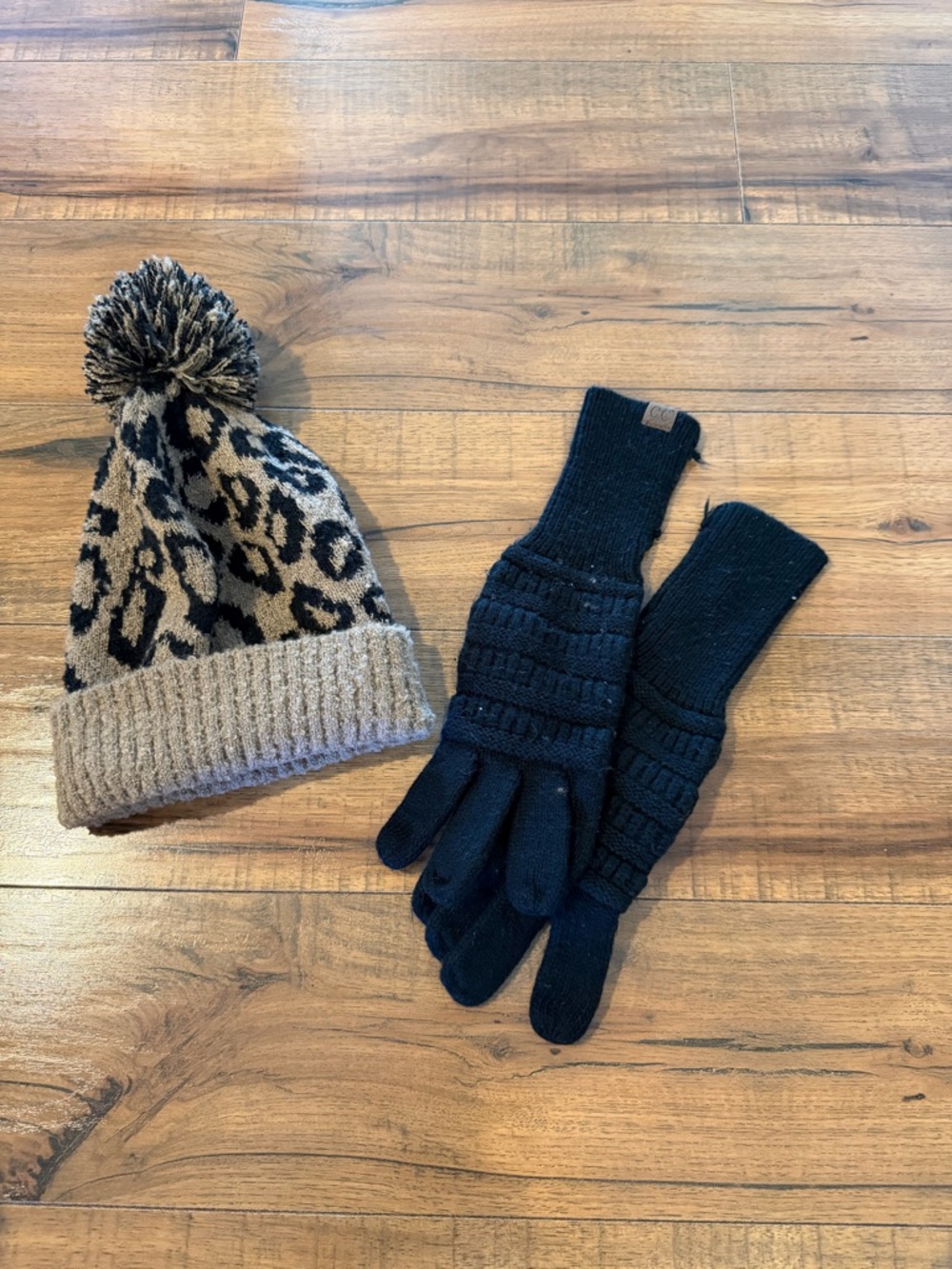Leopard Pom Beanie and Black Knit Gloves Women’s Set